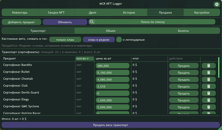 Вкладка «Продажа»: сертификаты на транспорт в MCR NFT Logger